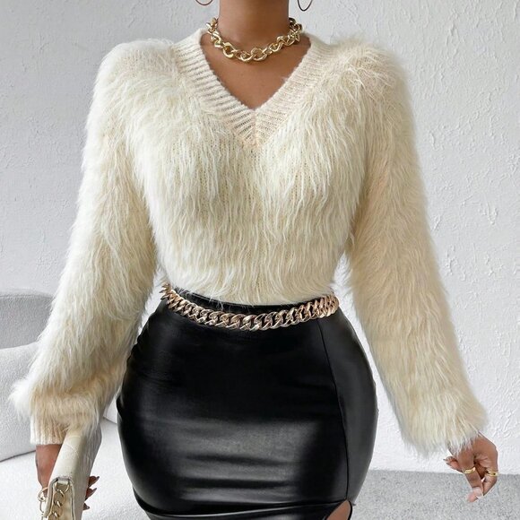 . Sweaters - White Preppy womens Solid V Neck Fuzzy Knit Sweater